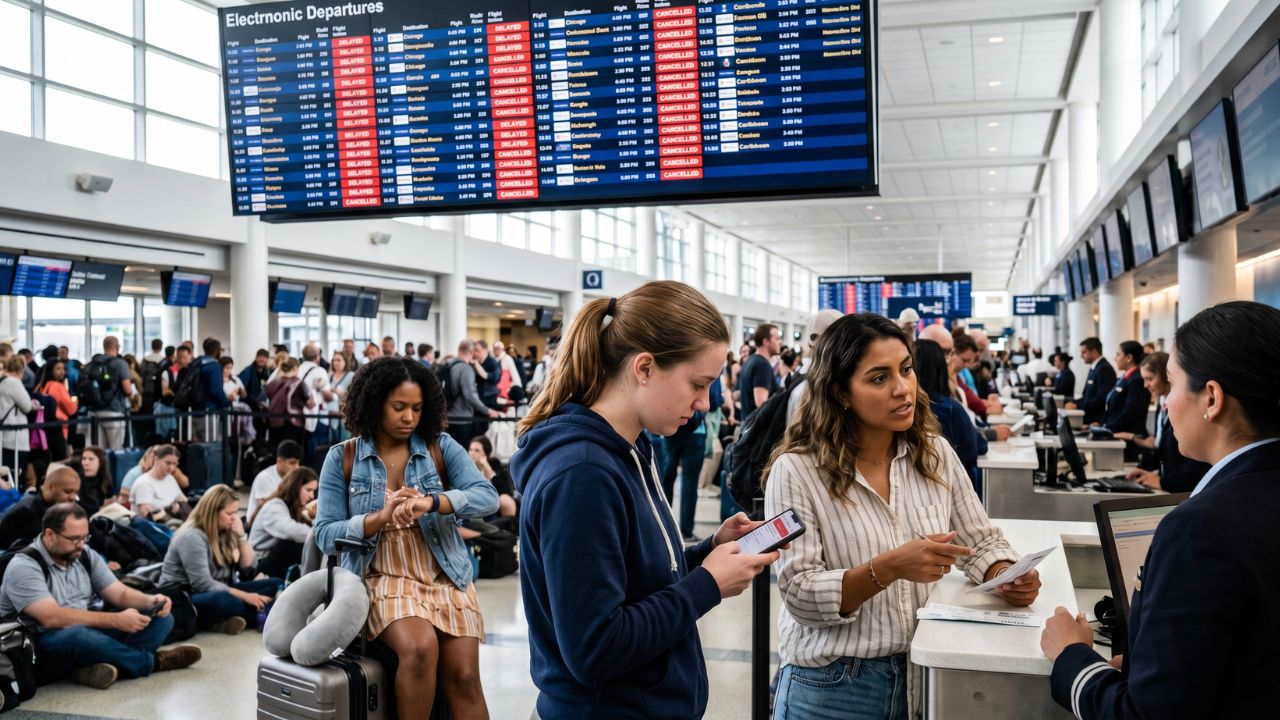 A congested airport terminal filled with stranded JetBlue passengers, illustrating the massive travel chaos and sudden flight cancellations sweeping across the East Coast