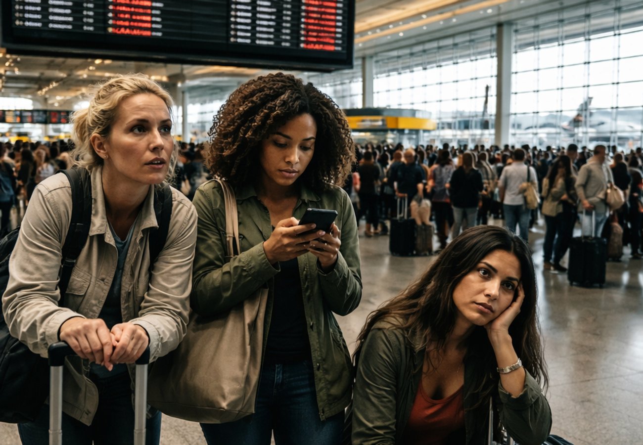 Air traffic control and departure boards at John F. Kennedy International Airport during operational disruption