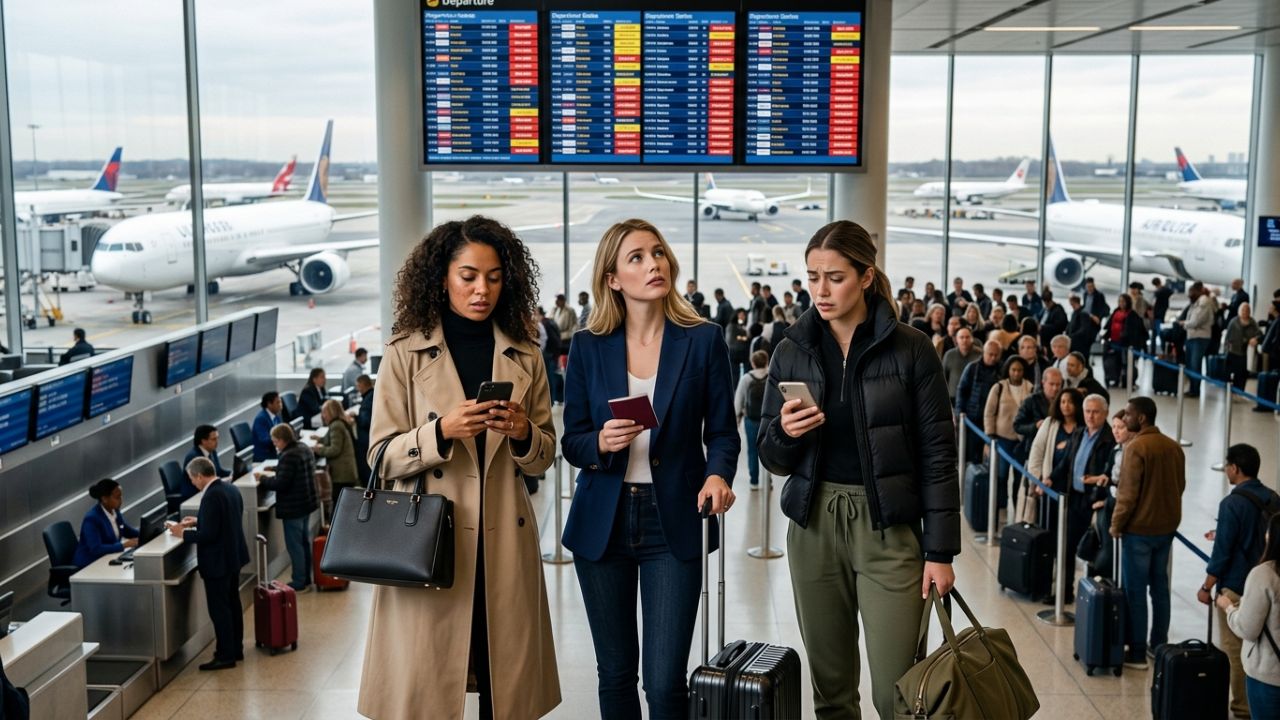 A severely congested terminal at John F. Kennedy International Airport, depicting stranded global passengers caught in massive travel chaos and flight cancellations