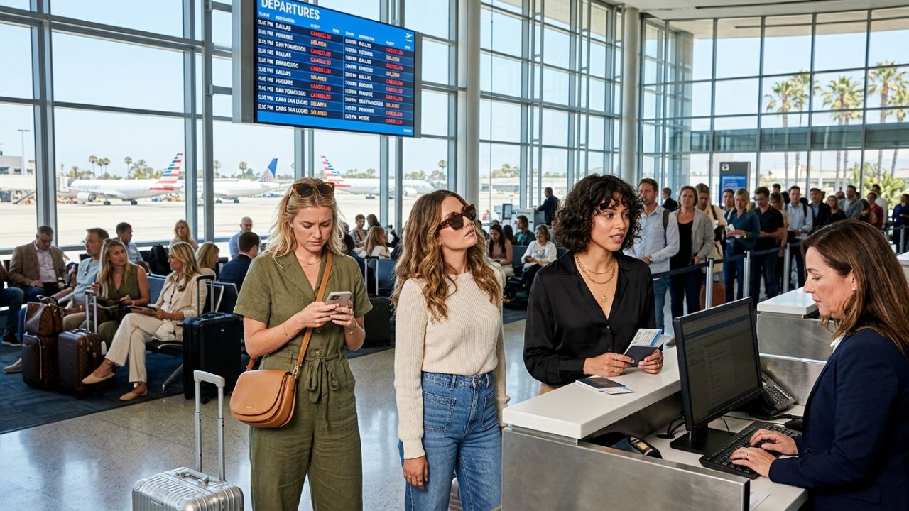 A congested departure terminal at John Wayne Airport displaying American Airlines flight cancellations and severe travel chaos across the Southern California network