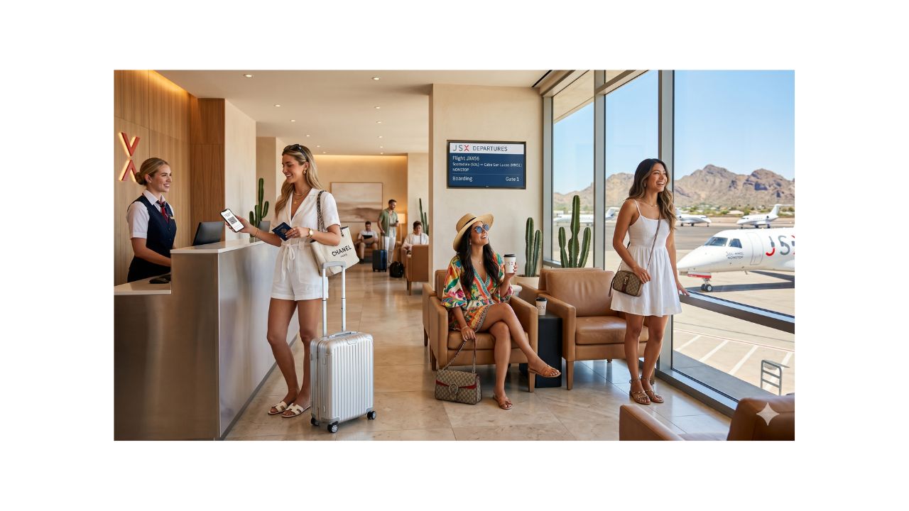 A highly advanced, congestion-free semiprivate JSX aircraft boarding at Scottsdale Airport, designed to completely shield passengers from severe travel chaos and massive terminal gridlock
