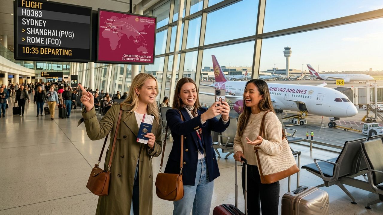 A highly dramatic scene capturing massive passenger relief as Juneyao Airlines aggressively deploys Boeing 787-9 Dreamliners from Australia to Europe via Shanghai, allowing travelers to completely bypass terrifying travel chaos and airport disruptions