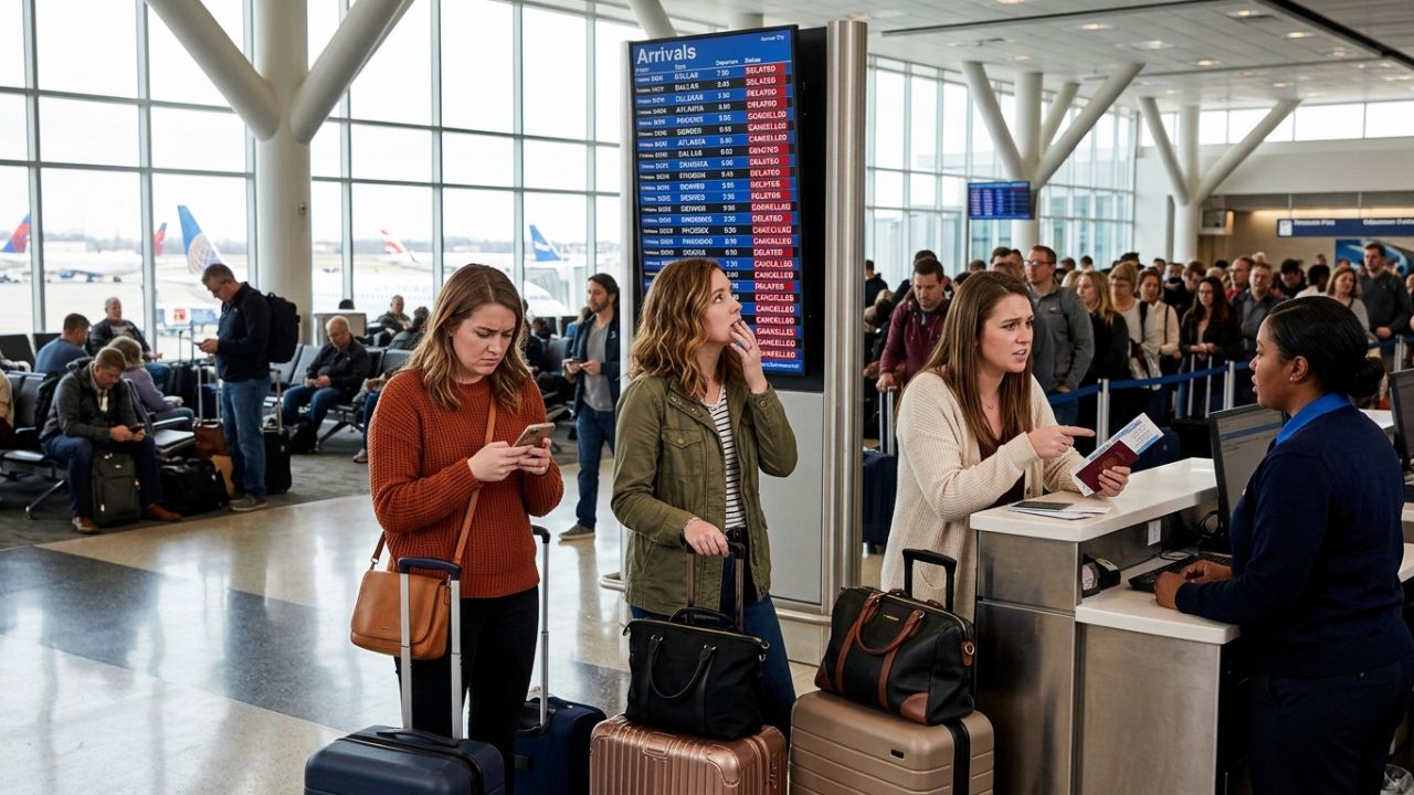 A highly congested departure terminal at Kansas City International Airport displaying Southwest and PSA Airlines flight cancellations alongside severe travel chaos