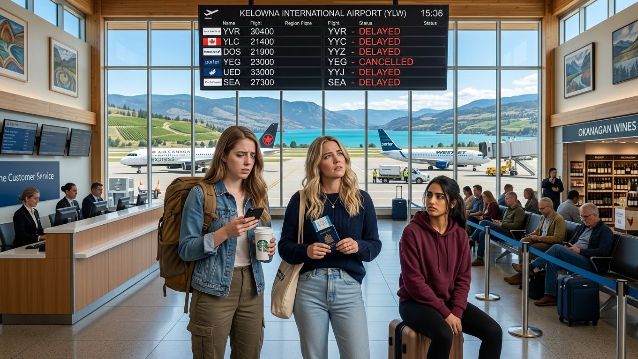 A highly congested departure terminal at Kelowna International Airport, where severe travel chaos and unexpected flight cancellations have stranded domestic passengers traveling to Vancouver and Calgary
