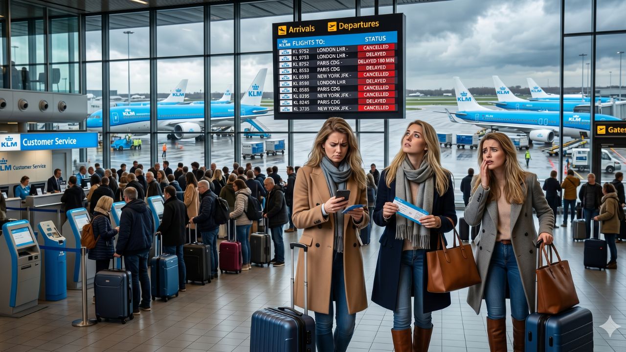 A highly dramatic scene capturing the massive KLM flight disruptions at Amsterdam Schiphol, specifically focusing on the terrifying international travel chaos and severe terminal gridlock across Europe