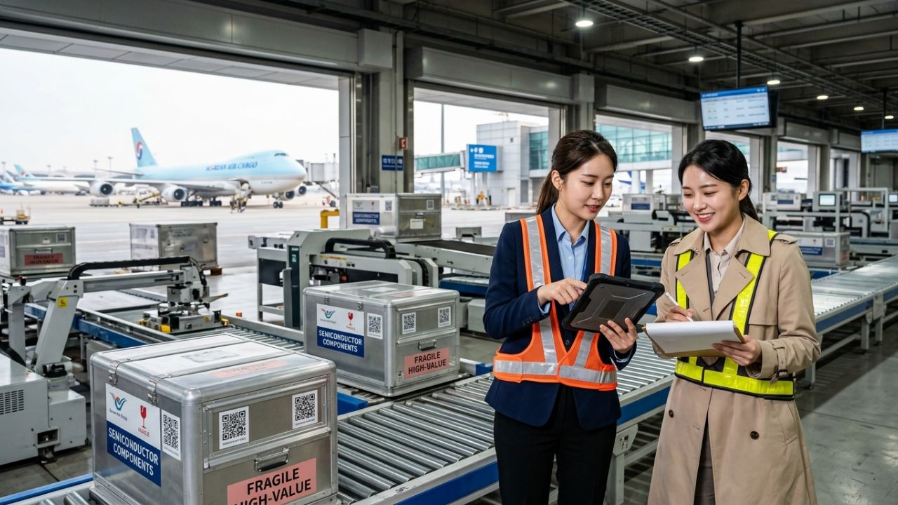 A Korean Air cargo aircraft at Incheon International Airport loading high-value semiconductors destined for New York to bypass global supply chain disruptions