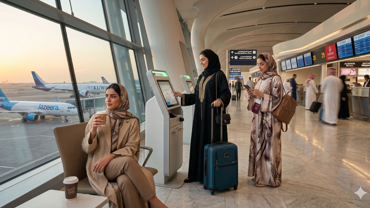 A highly chaotic scene at Kuwait International Airport showing massive crowds of desperate passengers missing their flights due to incredibly strict new check-in counter closures