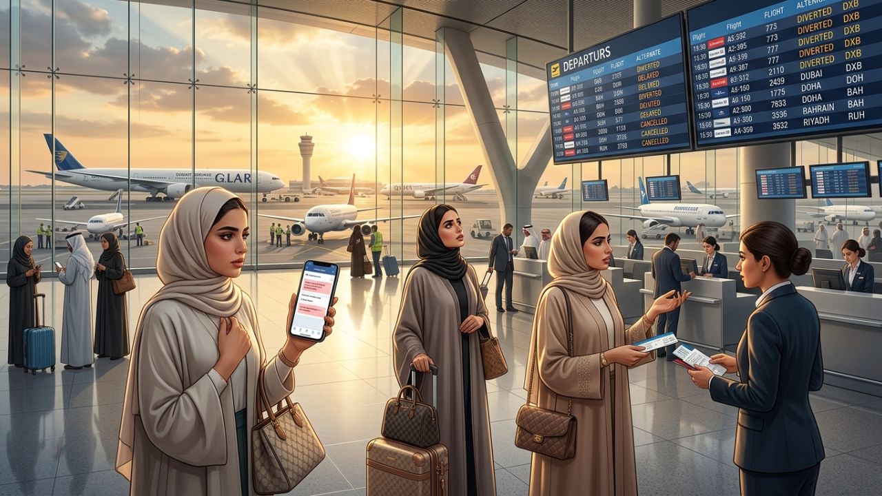 A highly dramatic scene capturing massive passenger panic as Kuwait forcefully enacts an emergency airspace shutdown due to aerial threats, violently triggering extreme travel chaos and immediate flight diversions across the Gulf
