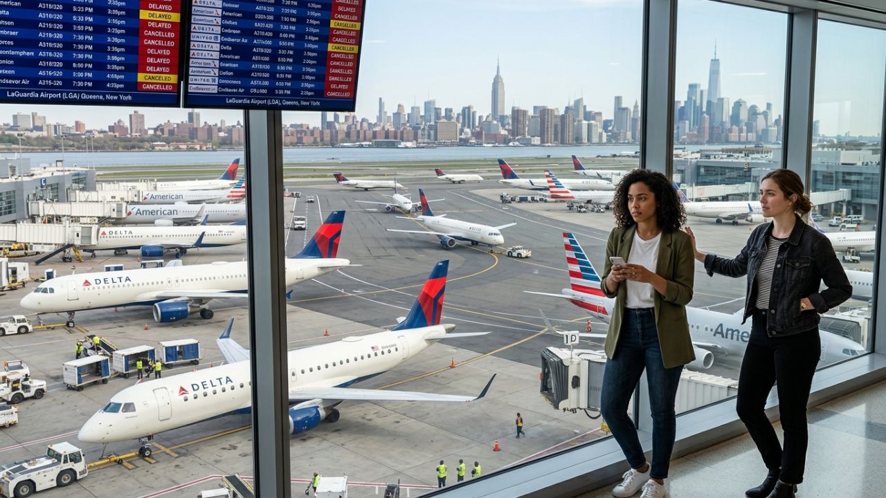 Hundreds of stranded passengers crowd the departure screens at LaGuardia Airport during a massive wave of travel chaos and flight cancellations