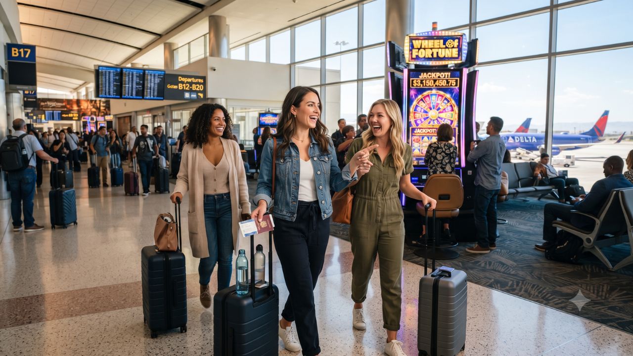 Las Vegas airport slot machine jackpot travel chaos