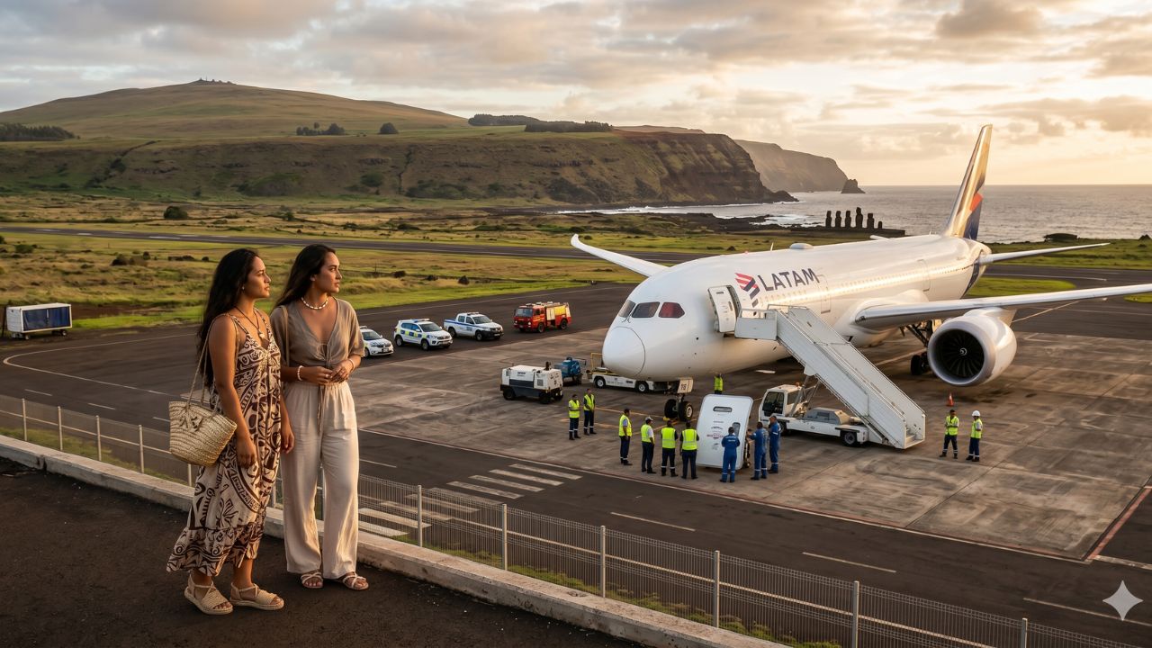 A LATAM Boeing 787 Dreamliner stranded at Mataveri Airport on Easter Island after its main cabin door was violently torn off by mobile stairs during a severe ground handling failure
