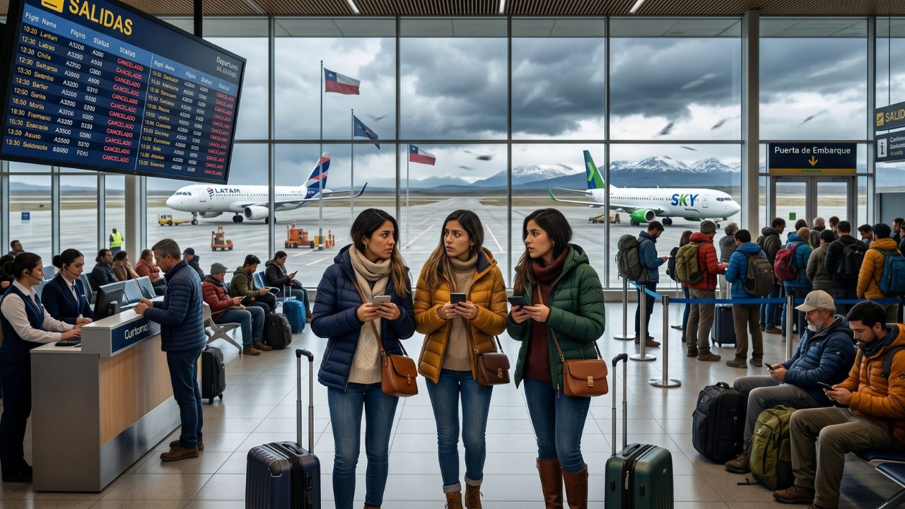 A congested terminal at Carlos Ibáñez del Campo International Airport, symbolizing the severe travel chaos and flight cancellations severing South American regional routes