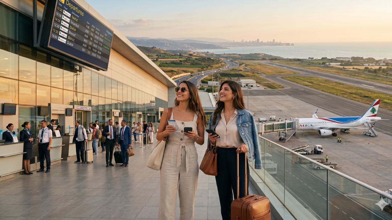A highly dramatic scene capturing the massive Lebanese airport launch, specifically designed to bypass terrifying international travel chaos and severe global airport disruptions