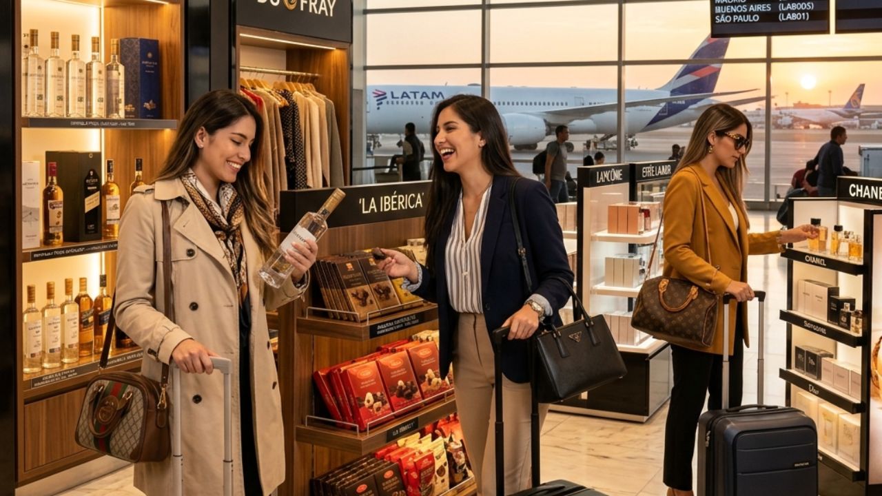 A highly efficient Duty Free Express store located directly at the departure gates of Lima Airport, designed to rapidly process passengers and prevent severe terminal travel chaos