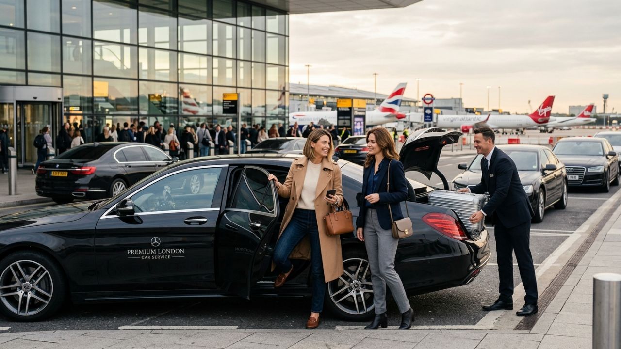 A sleek executive chauffeur vehicle parked outside a London airport terminal, providing a secure bypass against severe public transit travel chaos