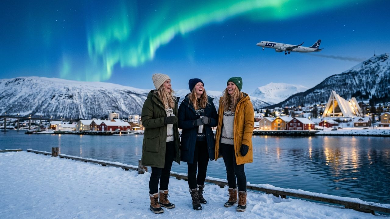 A LOT Polish Airlines aircraft landing at Tromsø Airport in northern Norway, securing a direct winter travel corridor to bypass European hub congestion