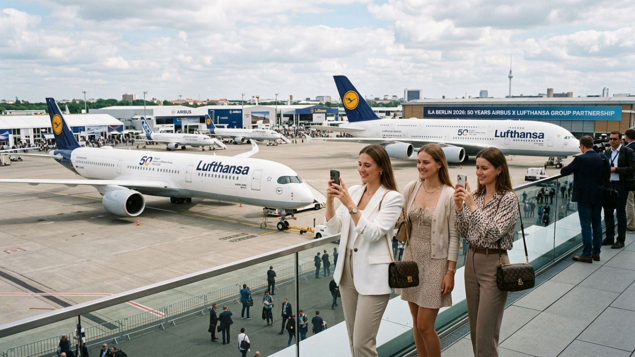 A highly dramatic scene capturing a fleet of modern Lufthansa Airbus jets, representing a massive strategic deployment designed to rescue international travelers from severe regional airport disruptions and travel chaos