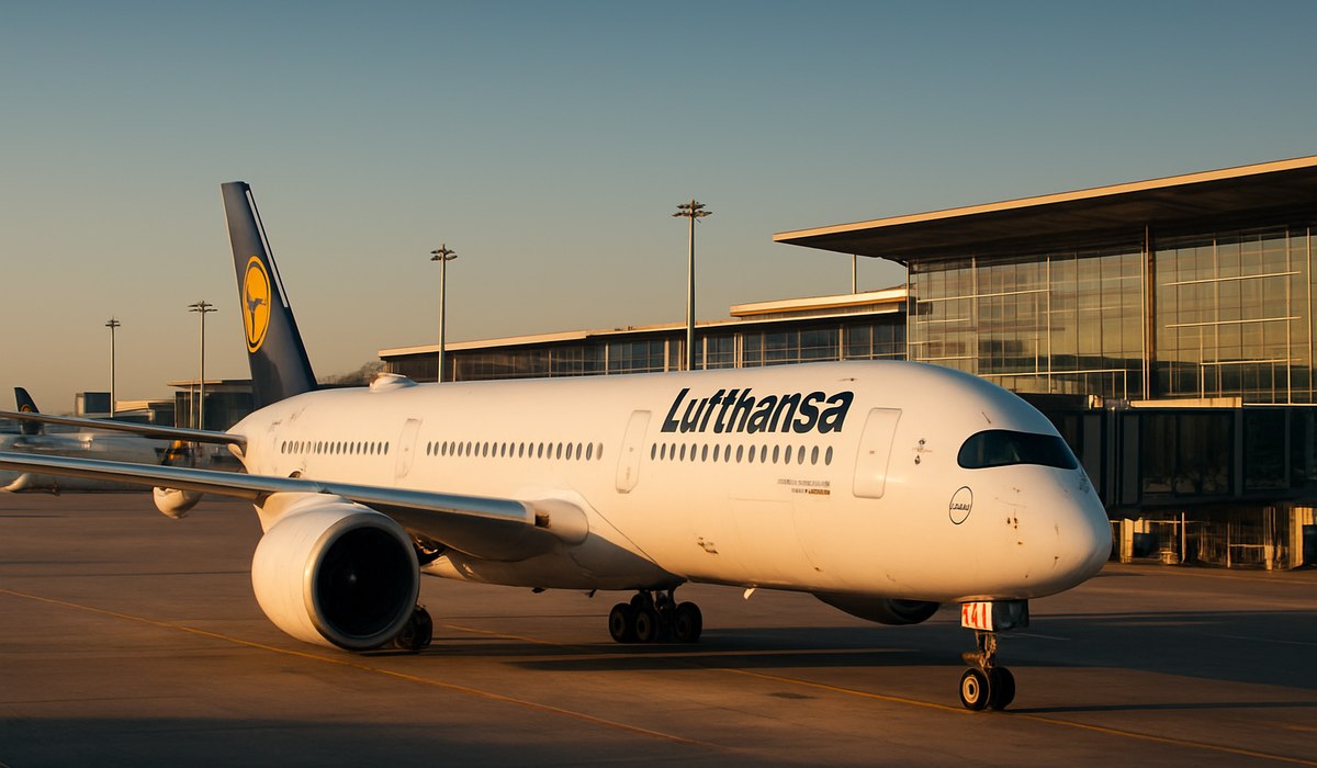Lufthansa aircraft at Frankfurt Airport with route map overlay, 2026