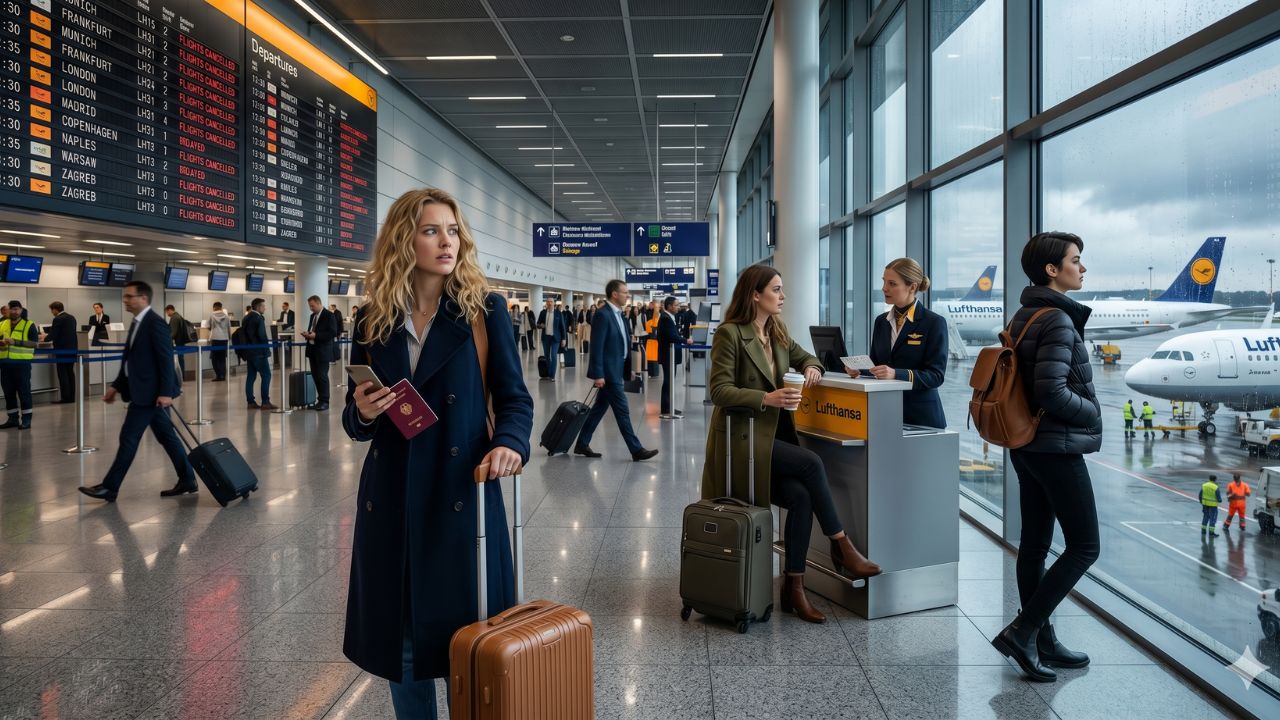 A highly chaotic scene at Frankfurt International Airport showing desperate crowds of passengers stranded by severe Lufthansa flight cancellations and cascading European delays