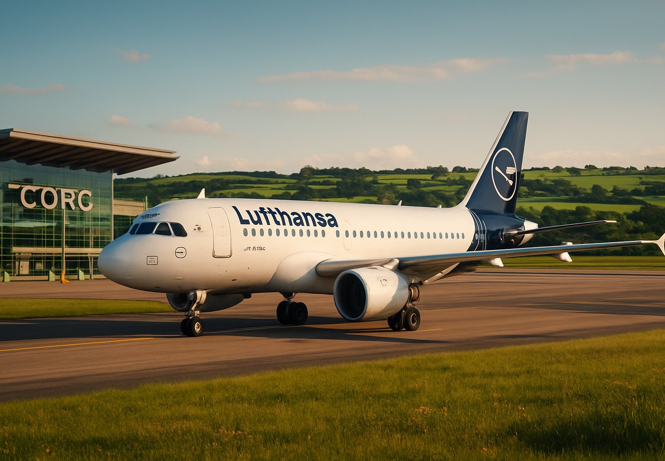 Lufthansa Airbus A319 aircraft departing Cork Airport at sunset, with Frankfurt skyline visible in distance