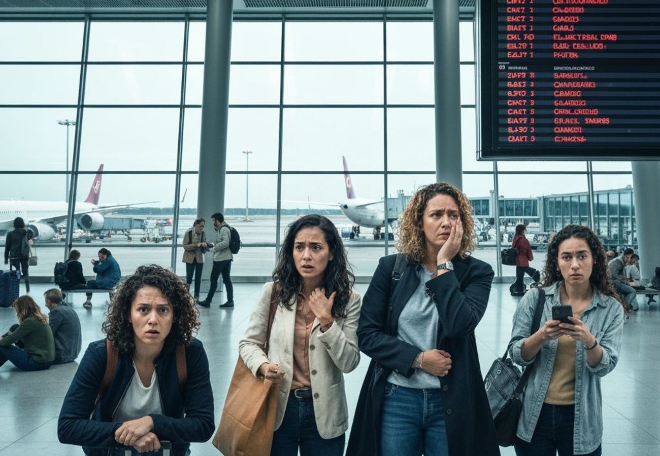 Crowded airport terminal with delayed flight information boards displaying cancellations and delays at Berlin-Brandenburg Airport