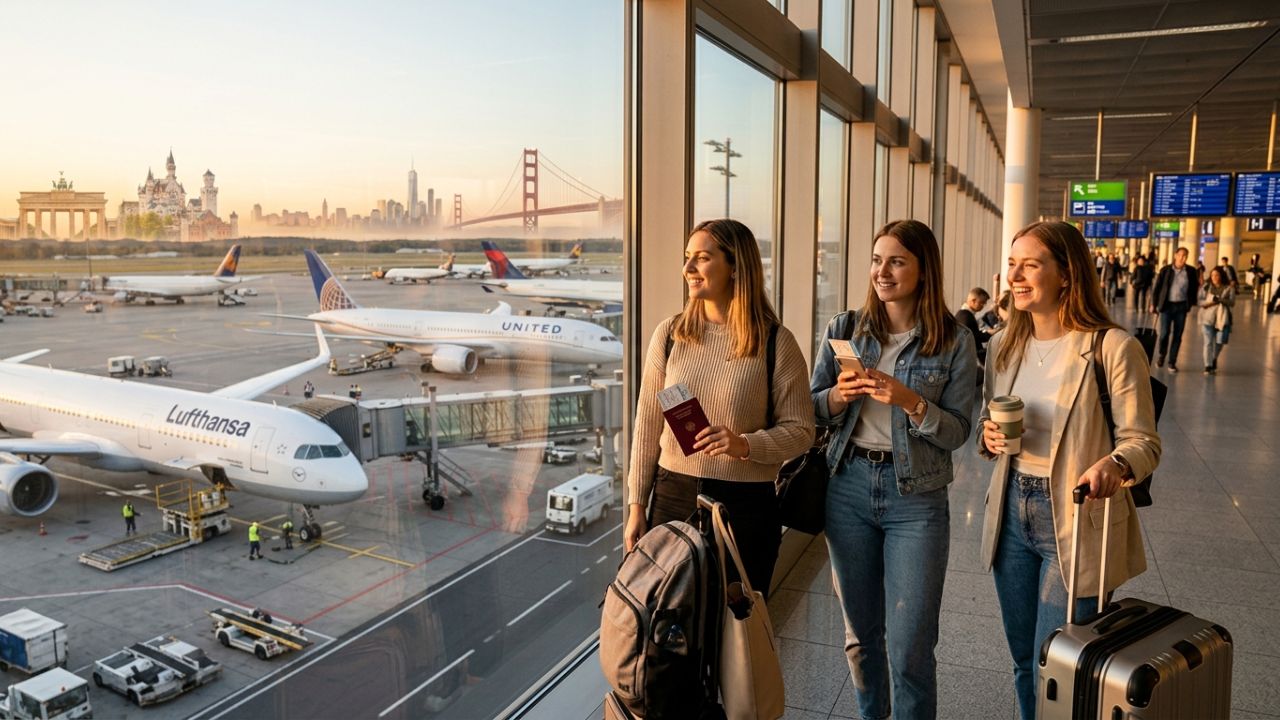 A highly dramatic scene capturing massive passenger surges as Lufthansa and United Airlines aggressively deploy massive widebody aircraft to combat severe terminal congestion and paralyzing transatlantic travel chaos