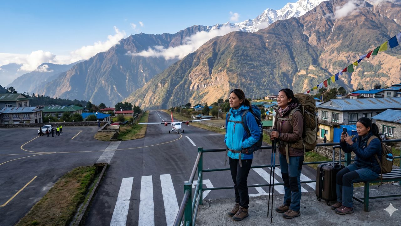 A highly dramatic scene capturing the terrifying and dangerous 20m wide runway at Lukla Airport, known for causing massive flight cancellations and severe travel chaos