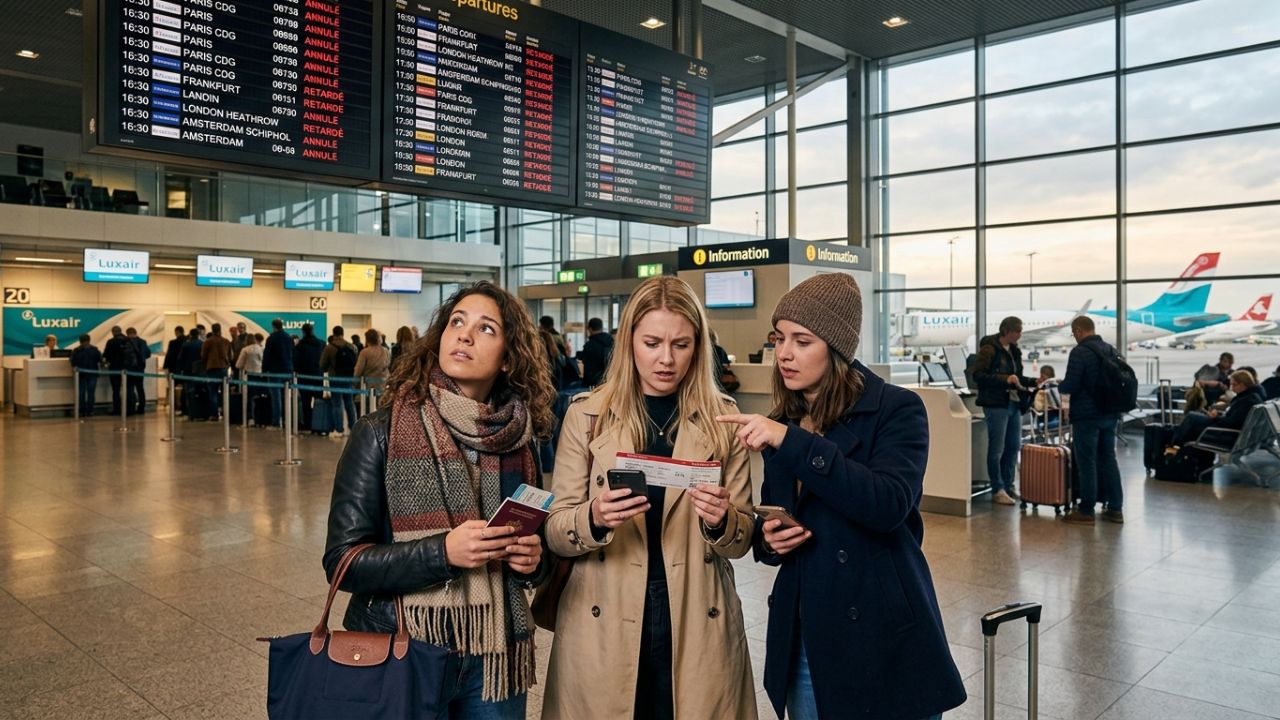Luxembourg airport flight cancellations delays travel chaos Luxair Lufthansa