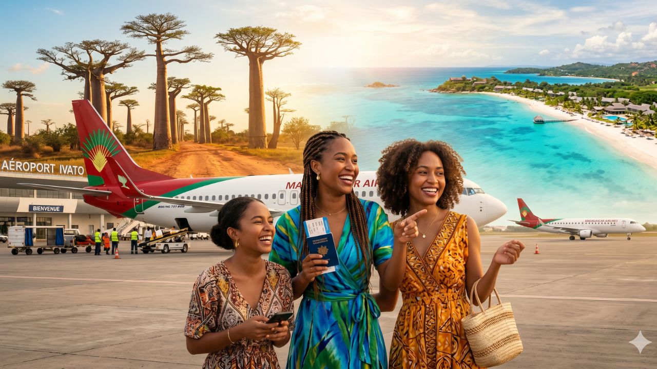 A highly dramatic scene capturing the massive Madagascar Airlines restructuring, specifically designed to bypass terrifying international travel chaos and severe global airport disruptions