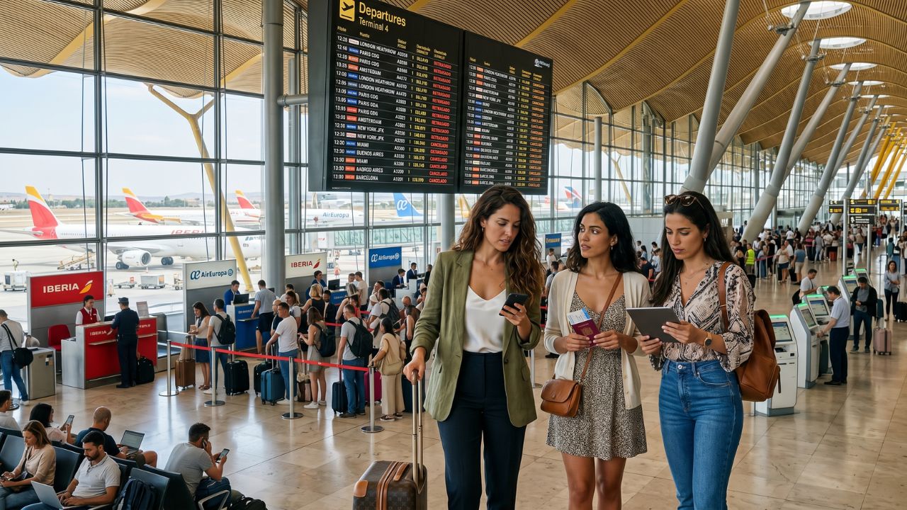A highly congested departures terminal at Adolfo Suárez Madrid-Barajas Airport, with thousands of frustrated passengers monitoring massive departure boards displaying widespread delays