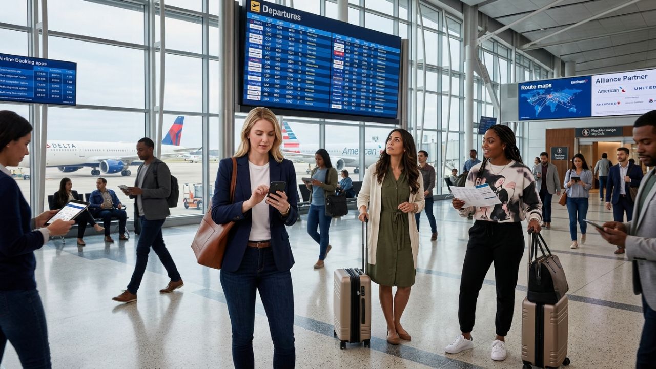 A highly dramatic scene capturing heavily congested departure boards glowing with red delayed signs inside a US airport, representing the severe travel chaos and airport disruptions triggered by covert airline schedule changes