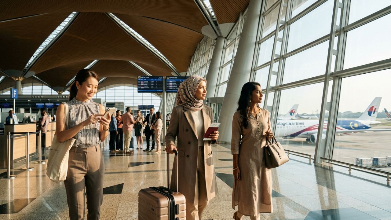 A highly dramatic scene capturing Malaysian aviation authorities aggressively executing massive flight reroutes at KLIA to combat severe international travel chaos and Middle East airspace disruptions