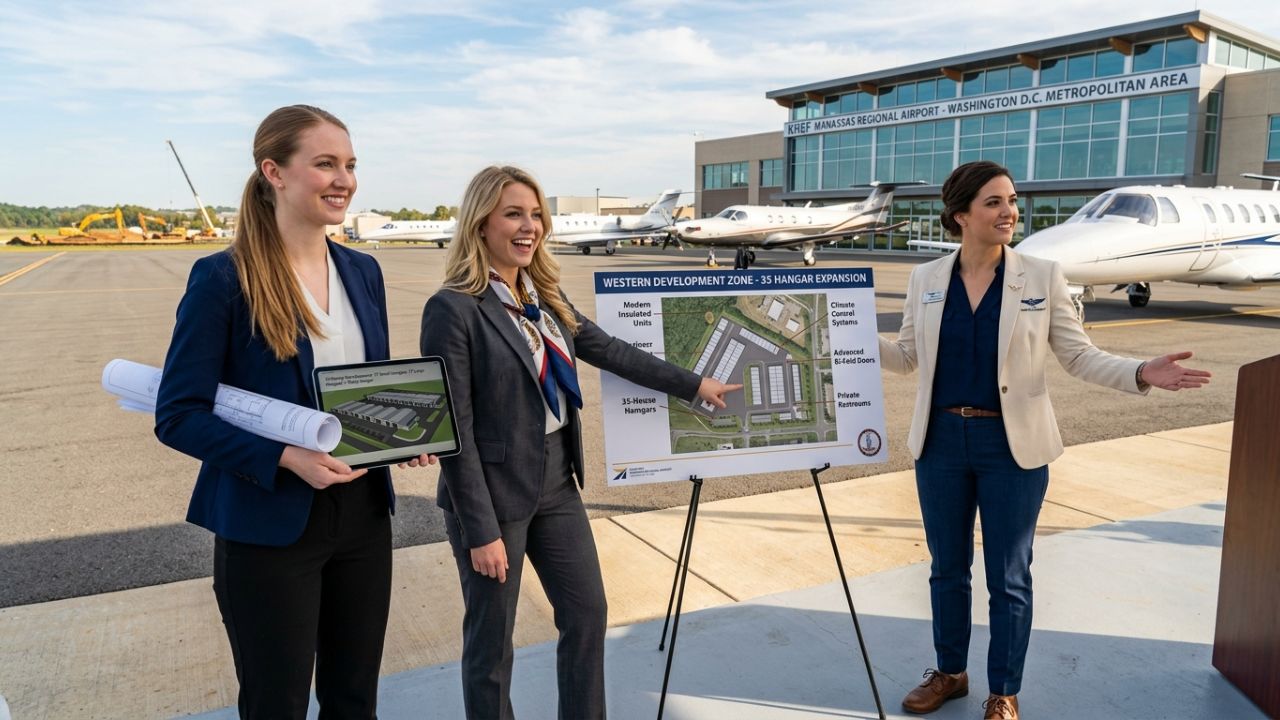 A sleek corporate jet parked inside a state-of-the-art private hangar, representing the $20 million expansion at Manassas Regional Airport designed to evade commercial aviation delays.