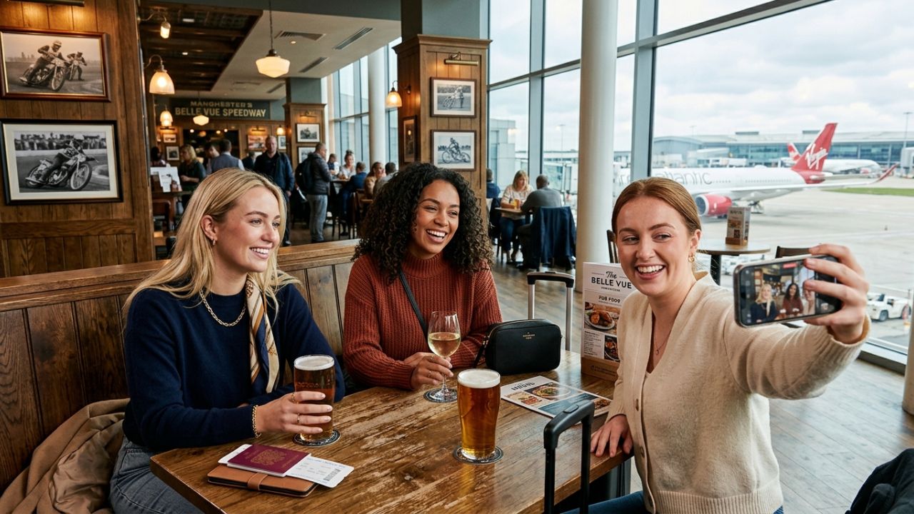 A highly dramatic scene capturing UK aviation authorities aggressively executing a massive hospitality infrastructure upgrade at Manchester Airport to combat severe international travel chaos and extreme passenger stress