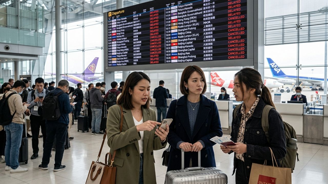 A highly dramatic scene capturing massive passenger panic as severe flight cancellations and massive delays violently sweep across major Asian airports, paralyzing the continental hub network and sparking intense travel chaos