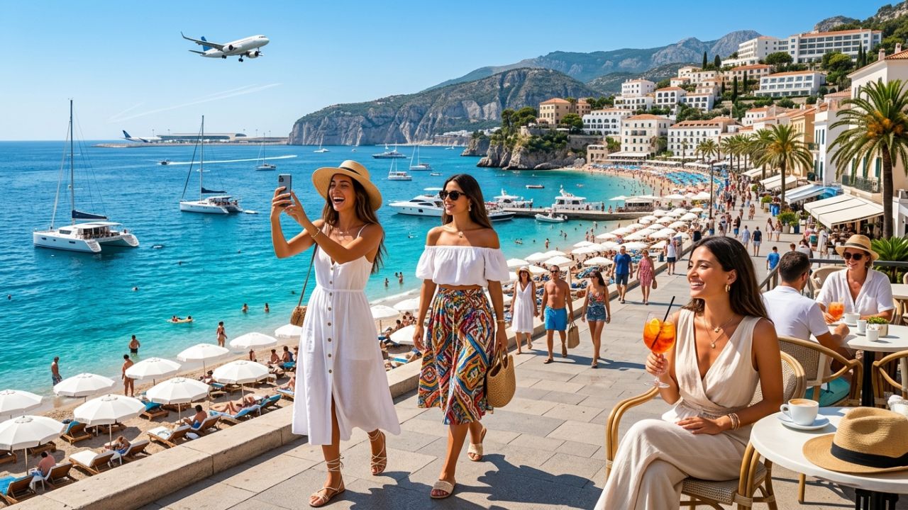 A highly dramatic scene capturing heavily congested international airport terminals and packed departure boards, representing the intense global travel chaos caused by the massive summer booking surge toward Southern Europe and North America