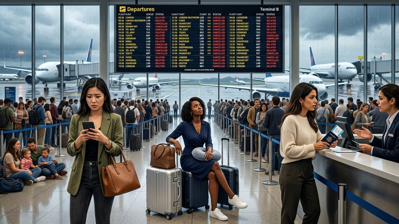 A highly dramatic scene capturing heavily congested terminal gates and massive queues at Newark Liberty International Airport, representing the intense operational meltdown and travel chaos caused by severe flight cancellations