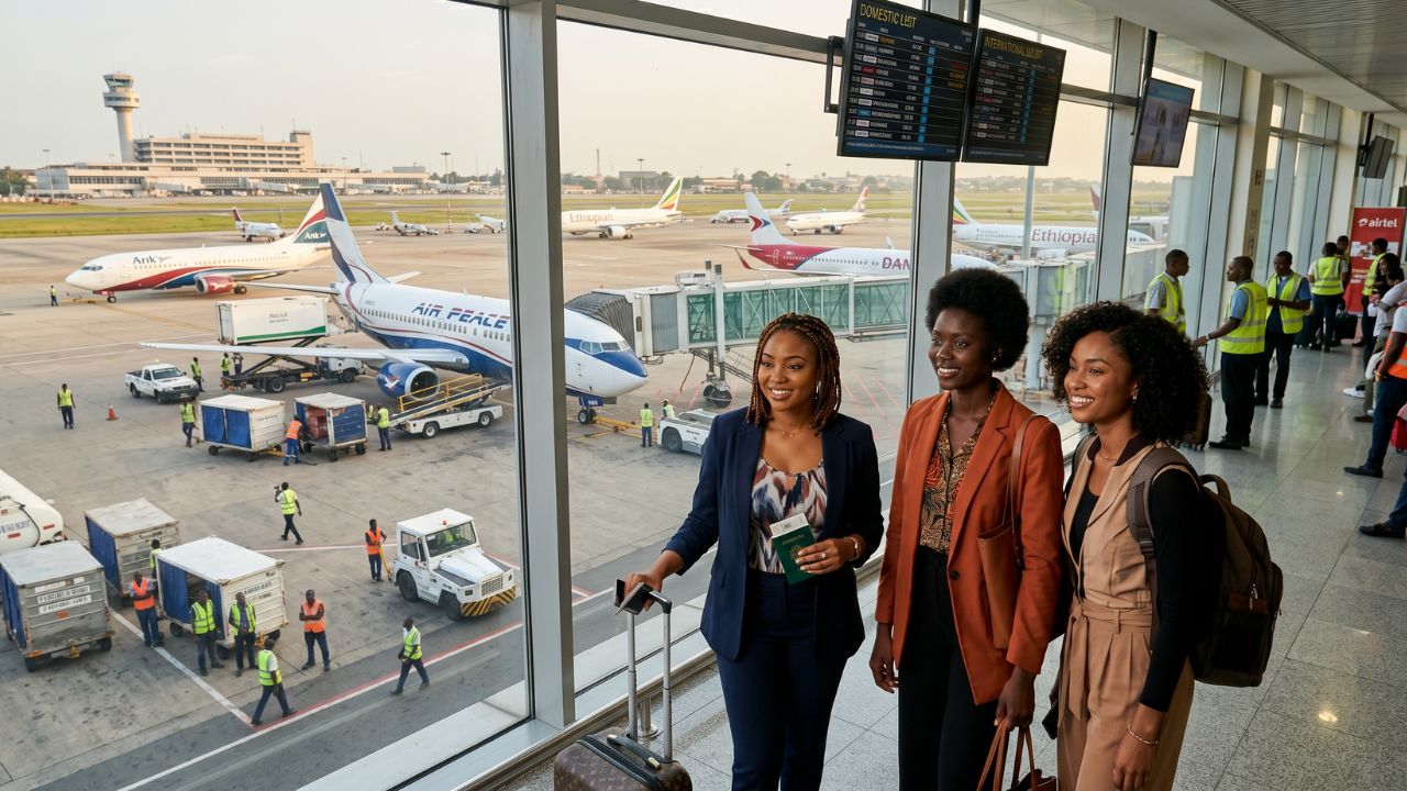 Grounded aircraft at a Nigerian airport representing the massive travel chaos and sudden flight cancellations that occur when ground handlers strike over unpaid airline debts