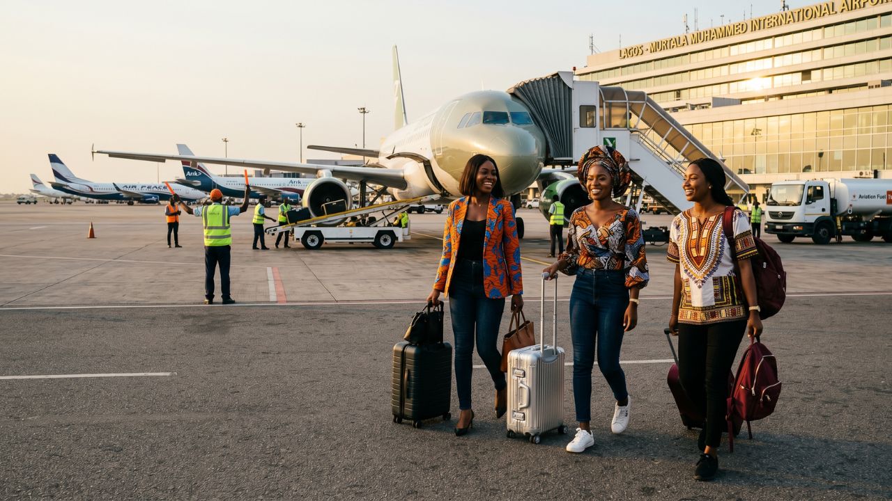 A grounded Max Air aircraft at a Nigerian airport, highlighting the severe debt crisis and ground handling disputes threatening massive travel chaos and flight cancellations across West Africa