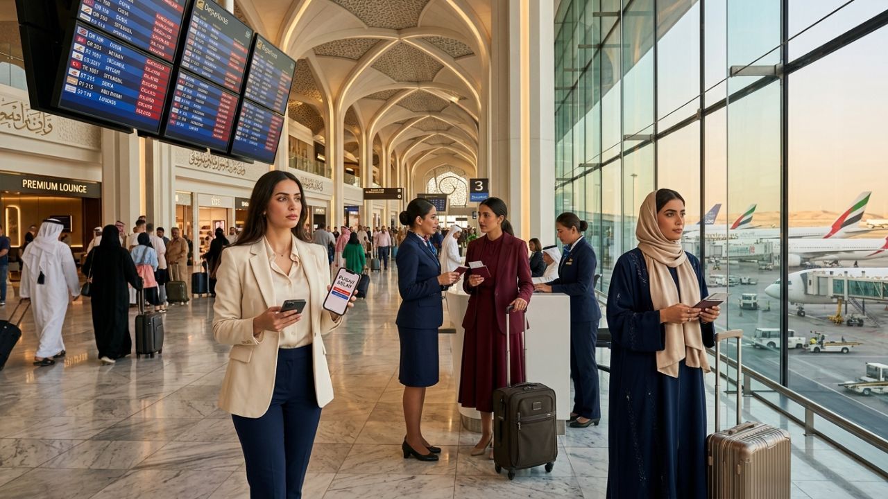 A highly congested airline boarding gate showing frustrated passengers facing severe travel chaos and flight cancellations at a massive Middle Eastern airport hub