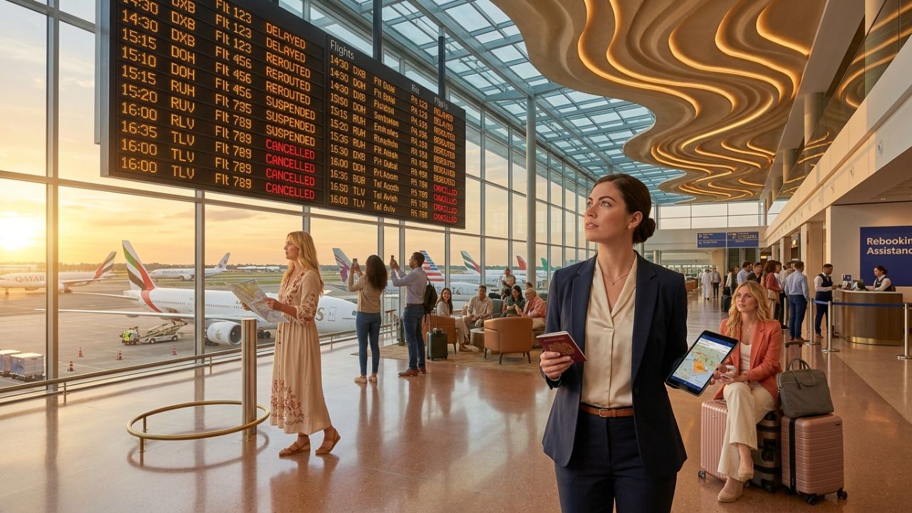 A grounded commercial widebody aircraft on a quiet tarmac, highlighting the severe flight cancellations and massive travel chaos caused by extended Middle East route suspensions