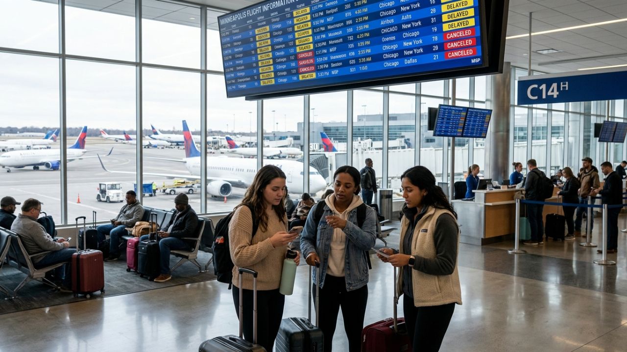 Stranded passengers waiting in massive lines at Minneapolis-St Paul Airport following severe travel chaos and sweeping flight cancellations