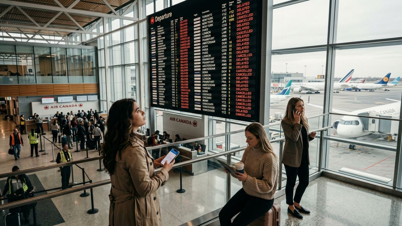 A highly congested, totally gridlocked terminal at Montreal-Trudeau International Airport filled with stranded global passengers, symbolizing the massive travel chaos and severe flight cancellations actively crushing the Canadian aviation network.
