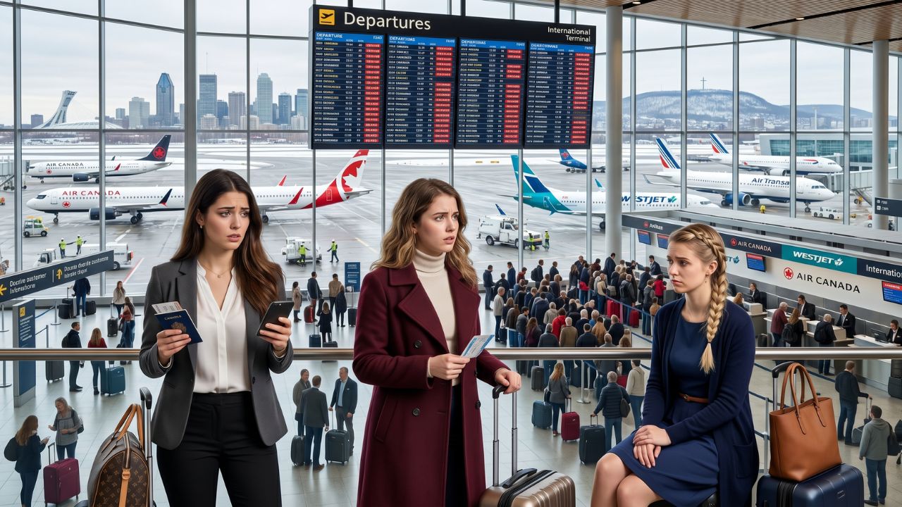A highly congested departure terminal at Montreal-Trudeau Airport, where severe travel chaos and unexpected flight cancellations have stranded domestic and international passengers