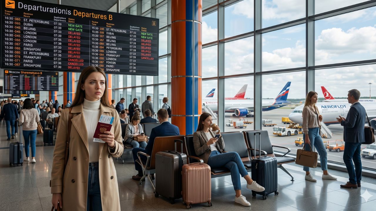 A highly dramatic scene capturing thousands of stranded passengers facing terrifying travel chaos and massive flight cancellations at Moscow Sheremetyevo and St. Petersburg Pulkovo Airports