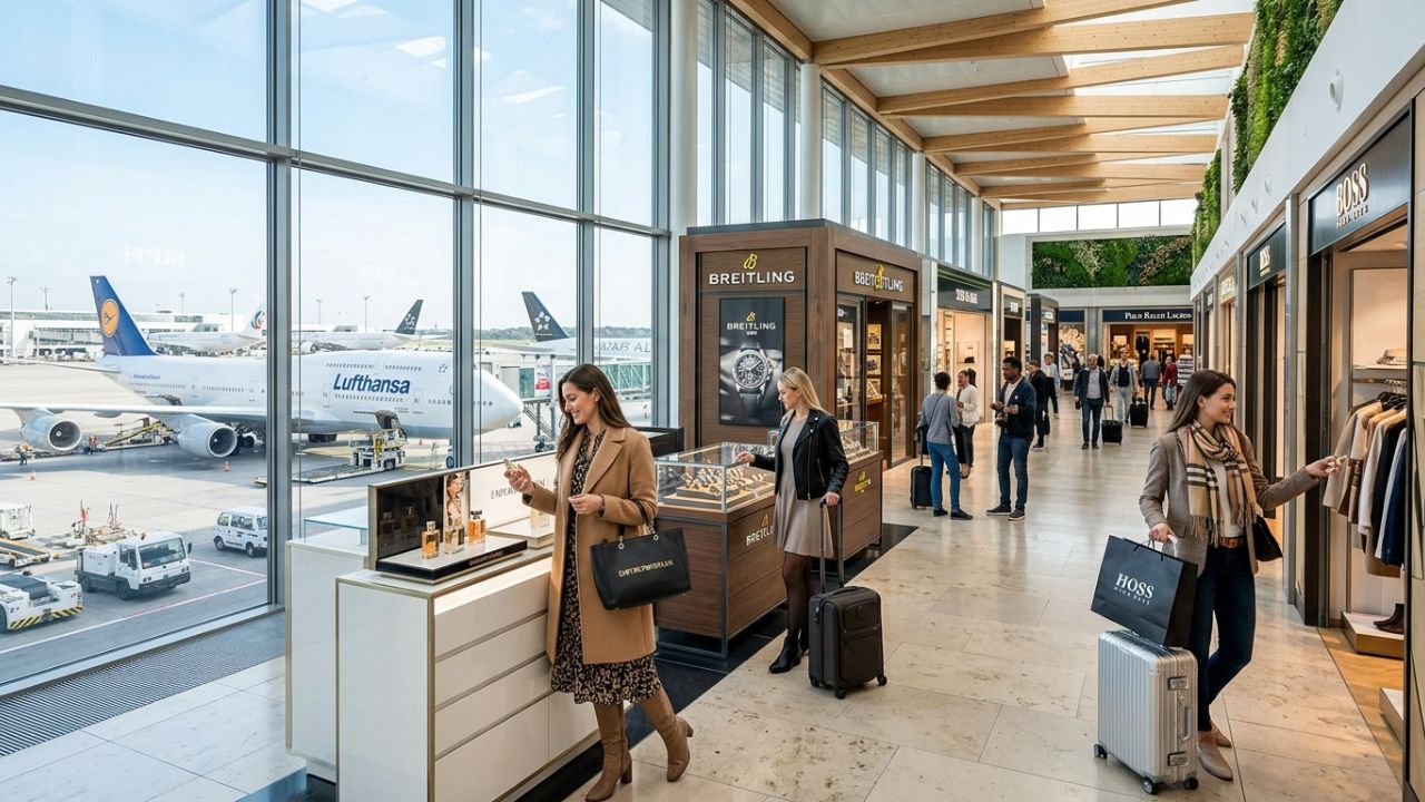 A highly dramatic scene capturing the massive, luxurious interior of Munich Airport's new T1 Pier, representing a strategic sanctuary designed to rescue international travelers from severe regional airport disruptions and travel chaos