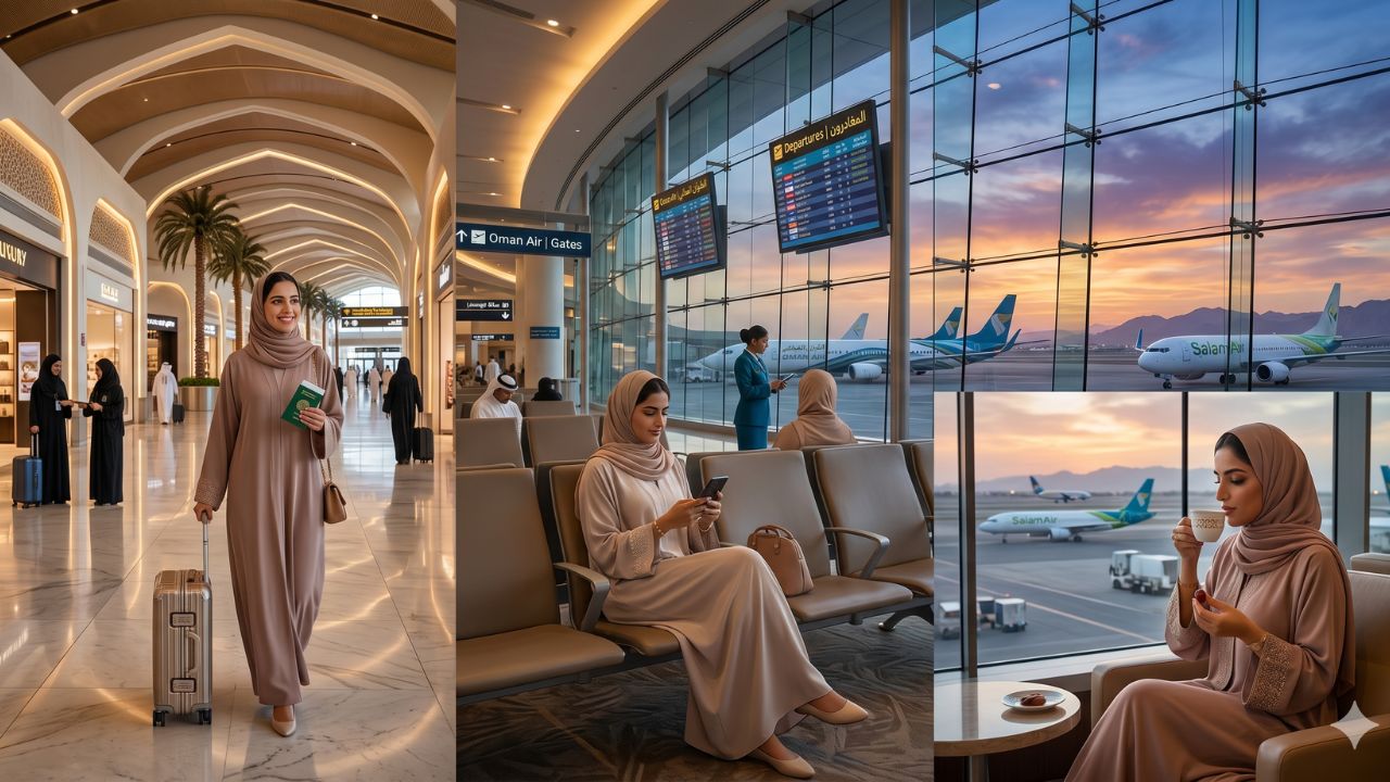 A highly chaotic scene at Muscat International Airport showing desperate crowds of passengers stranded by severe flight cancellations and massive capacity reductions across the Middle East
