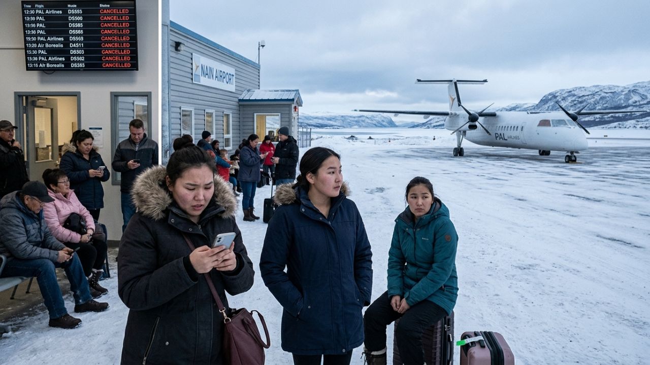 A grounded Air Borealis aircraft parked at a completely deserted Nain Airport, illustrating the severe travel chaos and flight cancellations that have isolated the northern Canadian community