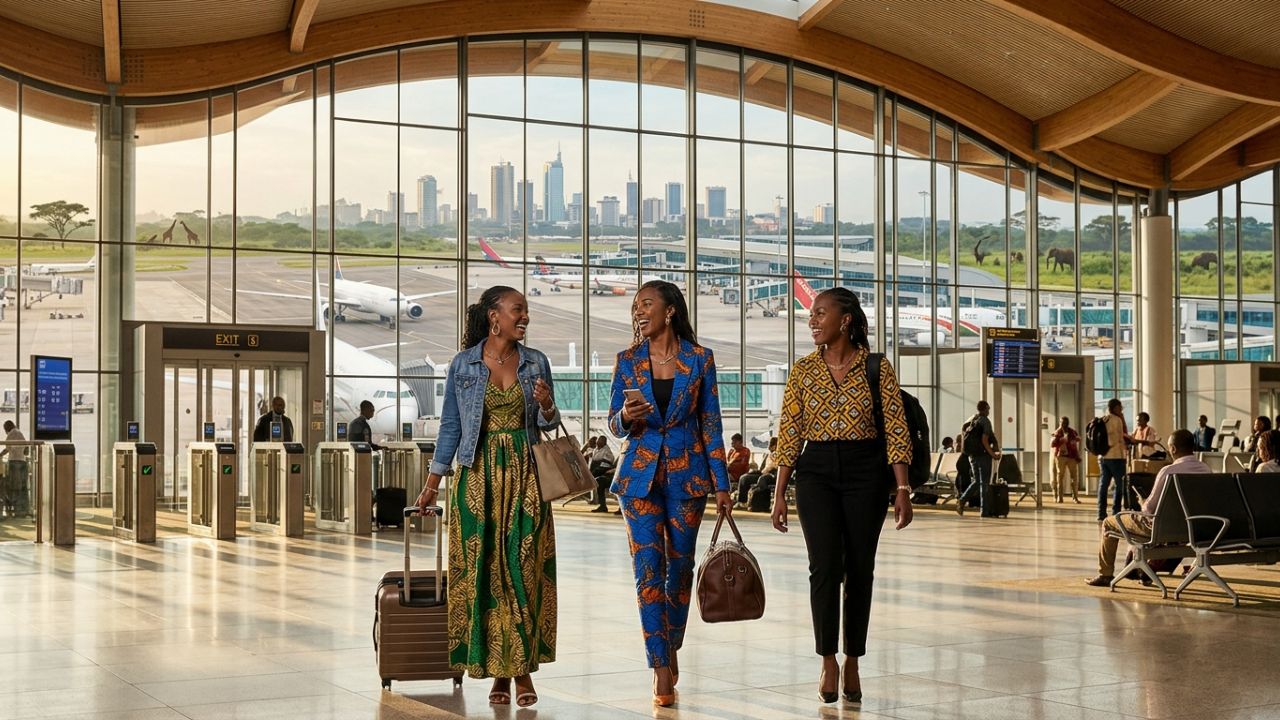 A highly advanced, modernized terminal at Jomo Kenyatta International Airport, symbolizing the ultimate bypass to African travel chaos and legacy hub disruptions