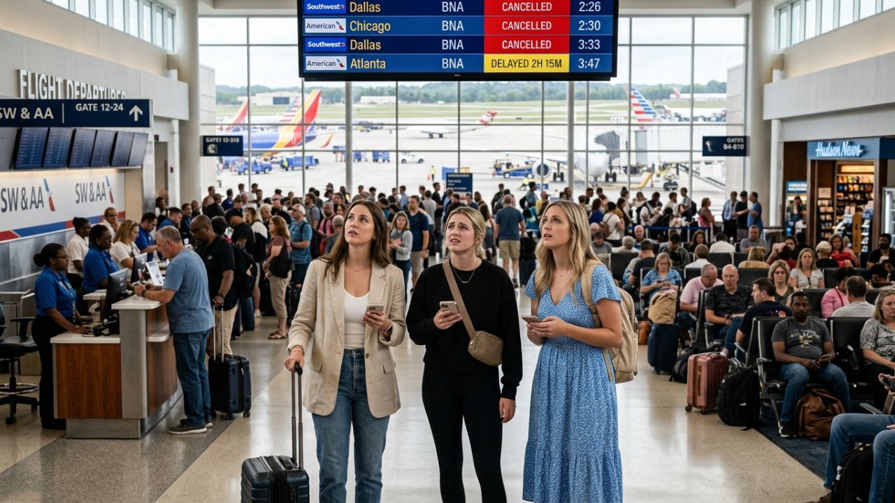 Passengers waiting at Nashville International Airport (BNA) during flight cancellations and disruptions.